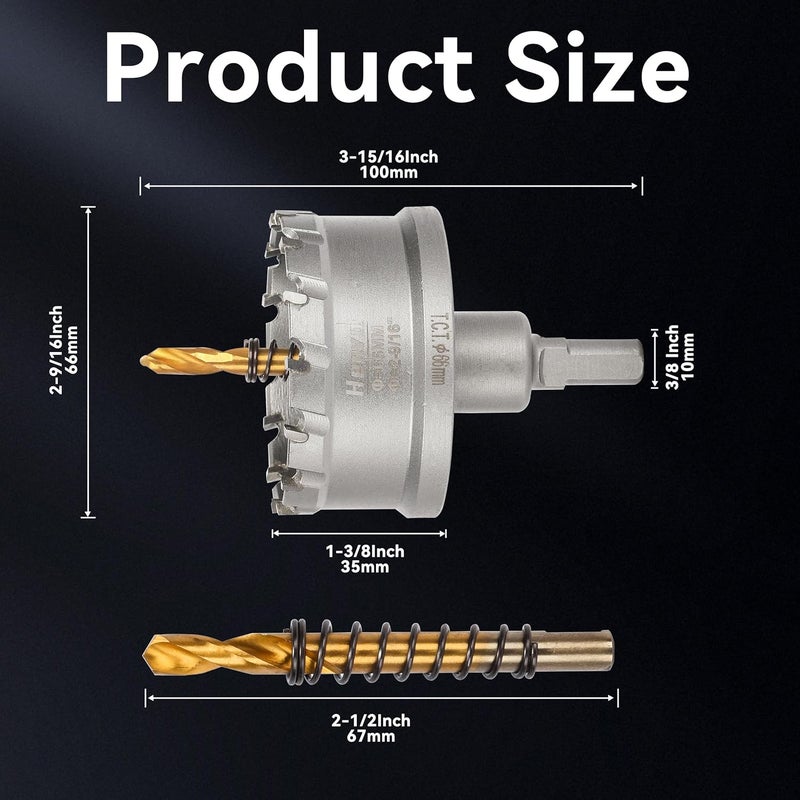 Henvo Hole Saw 2-9/16" (66mm) Heavy Duty Carbide with 2 Pilot Drill Bits - Metal Hole Cutter Cuts Stainless Steel, Iron, Copper, Brass, Plastic - Image 2